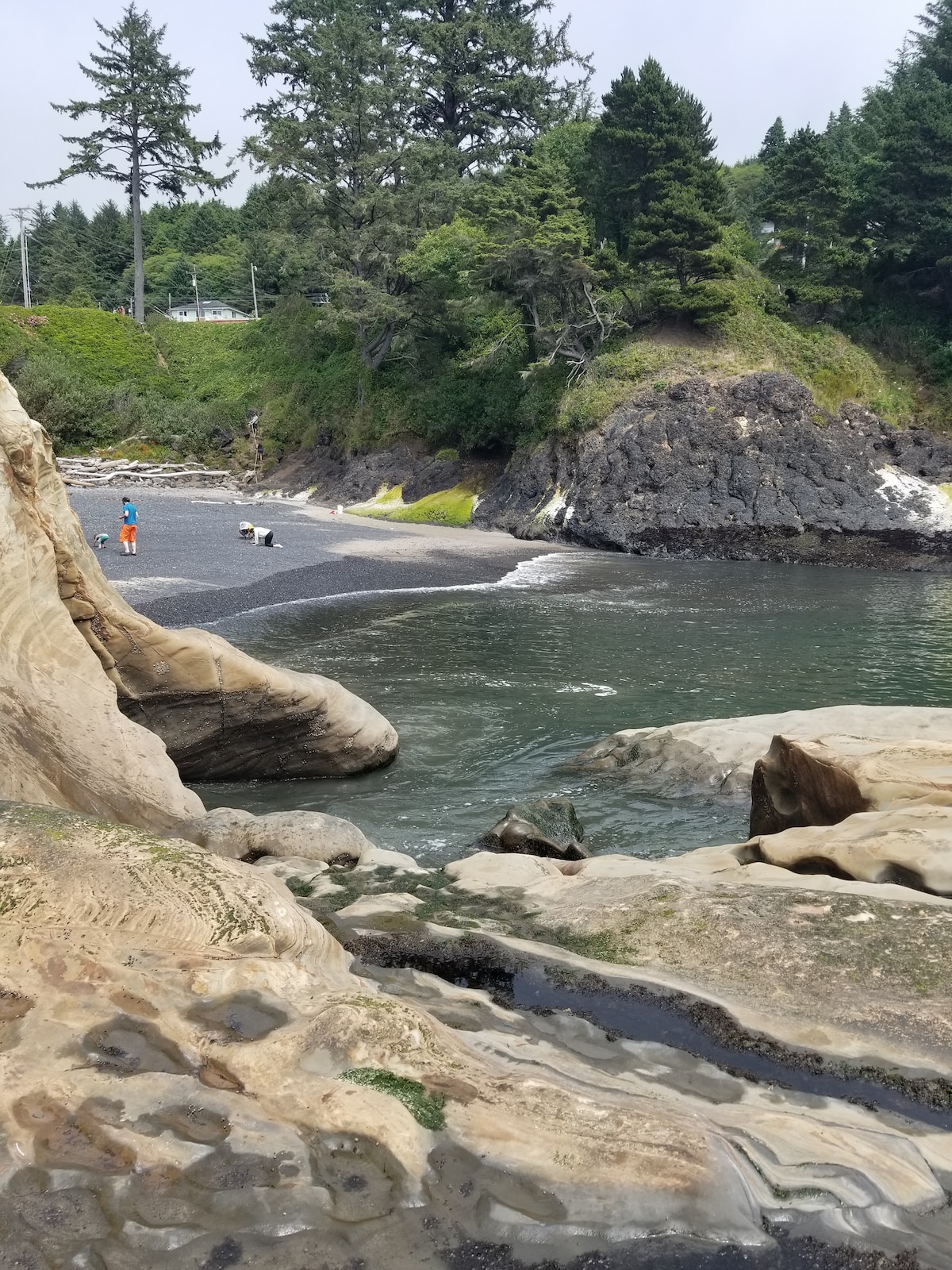 A serene coastal scene features smooth rocky formations leading to a calm bay. Lush greenery surrounds the area, with individuals standing on a pebbled beach. The water gently laps against the shore, showcasing a blend of dark and light tones in the landscape.