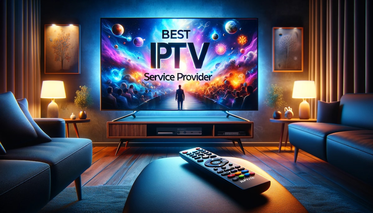 A living room is displayed with a large television featuring a colorful graphic promoting an IPTV service. A remote control rests on a coffee table. Soft lighting from lamps enhances the warm atmosphere, while a cozy seating arrangement invites relaxation.