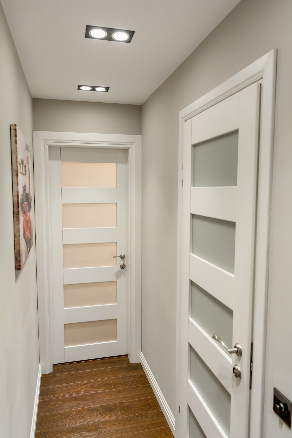 A narrow hallway features light-colored walls and warm wooden flooring. A modern door with glass panels stands prominently on one side, while recessed lighting illuminates the space. A framed artwork is displayed on the wall, adding a touch of artistic detail.