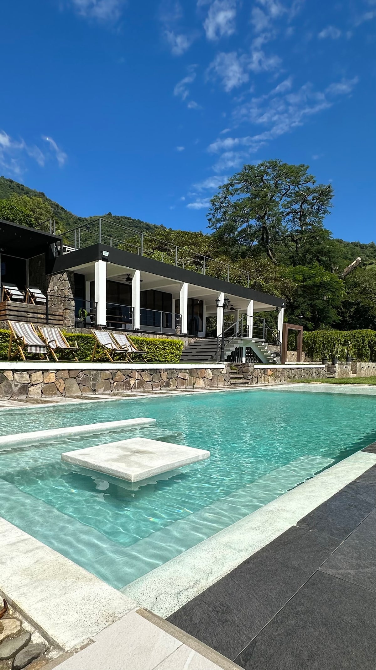 A modern house is illustrated with expansive outdoor areas, featuring a tranquil swimming pool with clear turquoise water. Lounge chairs are positioned alongside the pool, and lush greenery is visible in the background, complementing the natural landscape.