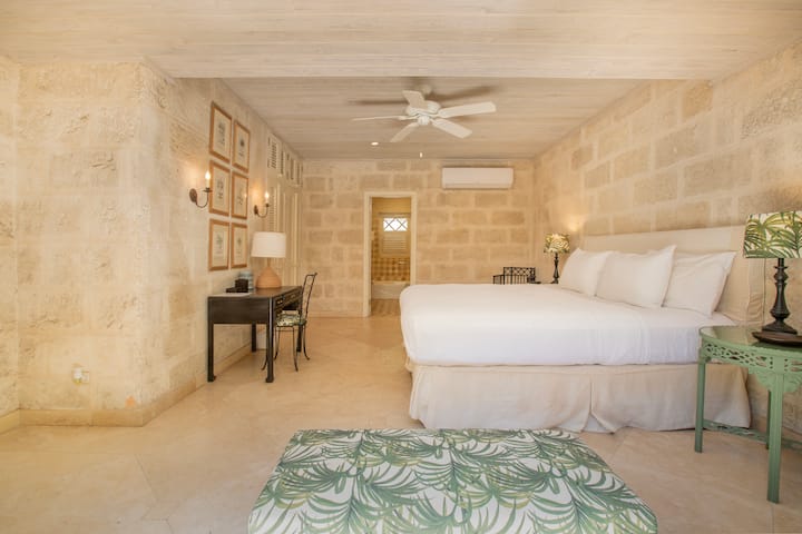 Elegantna spavaća soba sa zasebnom kupaonicom i dovoljno prostora za odlaganje odjeće, plafonskim ventilatorom i klima-uređajem.