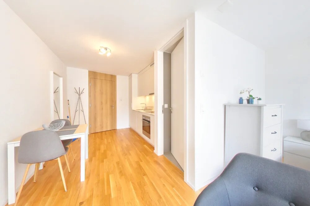 A bright studio apartment features an open layout with light wood flooring. A small dining area with two chairs is visible alongside a kitchenette equipped with modern appliances. A comfortable armchair is positioned nearby, and a closet door is shown in the background.