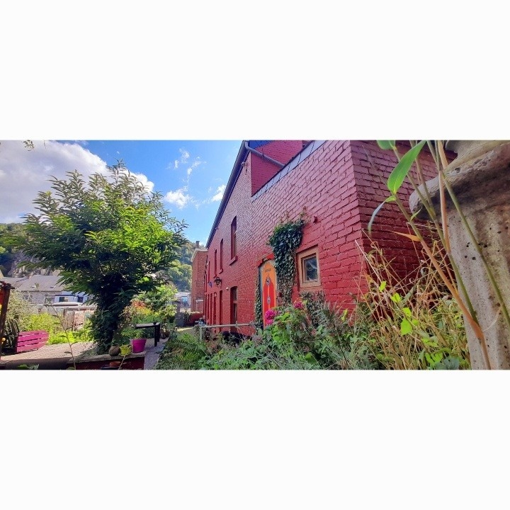 A charming red-brick house is surrounded by greenery, with a vibrant green tree in the foreground. The image presents elements of natural landscaping, including flowers and plants, contributing to a welcoming outdoor space.