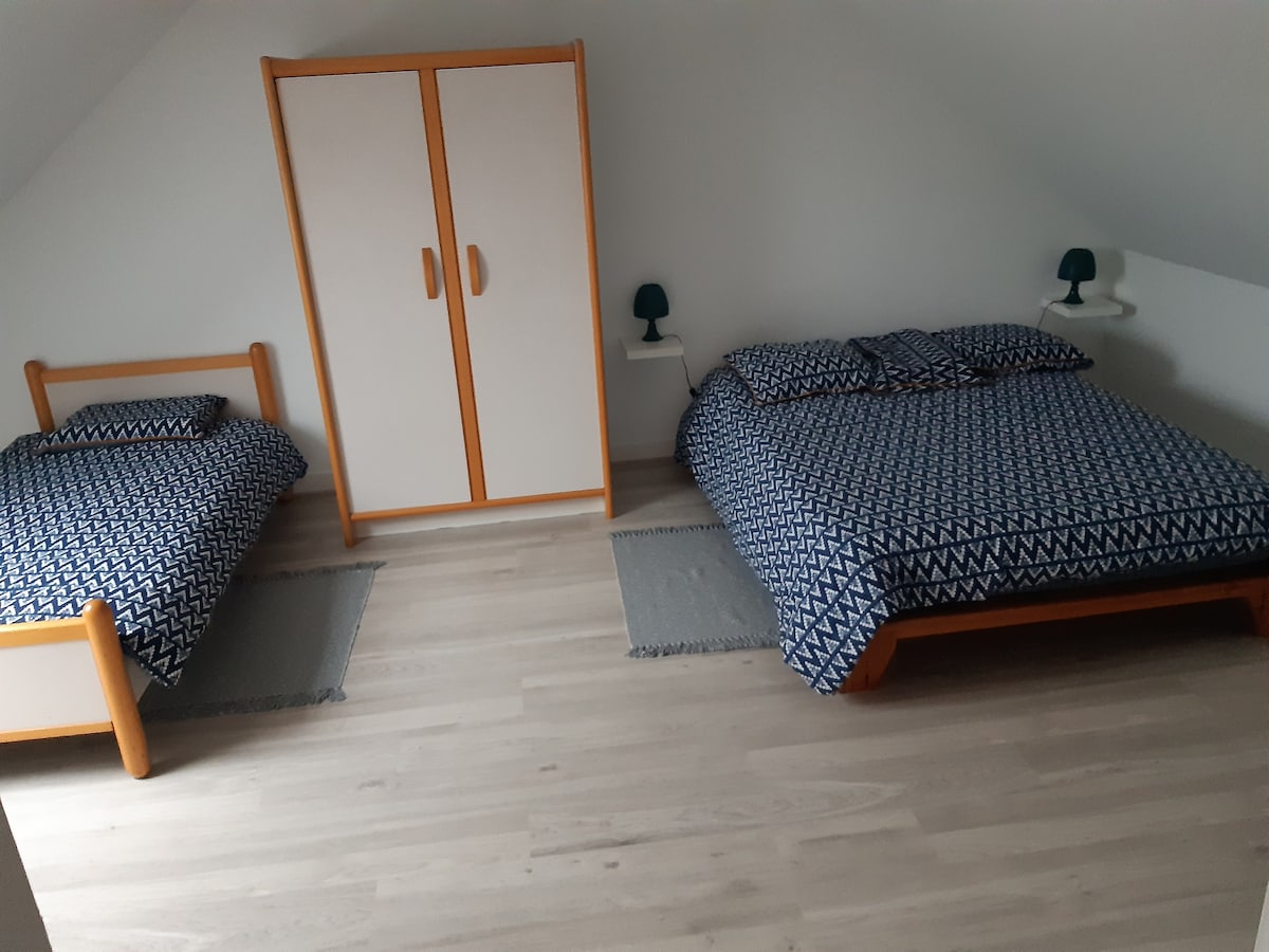 A bright room features two beds with coordinated blue patterned bedding. A wooden wardrobe with white doors is positioned against the wall, complemented by two green nightstands with lamps on either side of the beds. Light-colored flooring enhances the spacious feel.