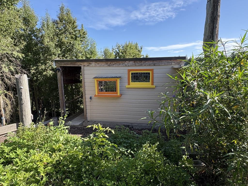 The exterior of a quaint cabin is displayed, featuring a light-colored wooden facade with bright yellow window frames. Surrounding greenery includes plants and trees, creating a natural setting. A clear blue sky is visible above, contributing to the peaceful atmosphere.
