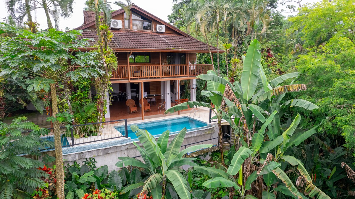The cabin is immersed in lush greenery, featuring a spacious balcony that overlooks a private pool. The exterior showcases wooden accents, with large windows allowing natural light to flow in, and surrounding tropical vegetation enhancing the serene environment.