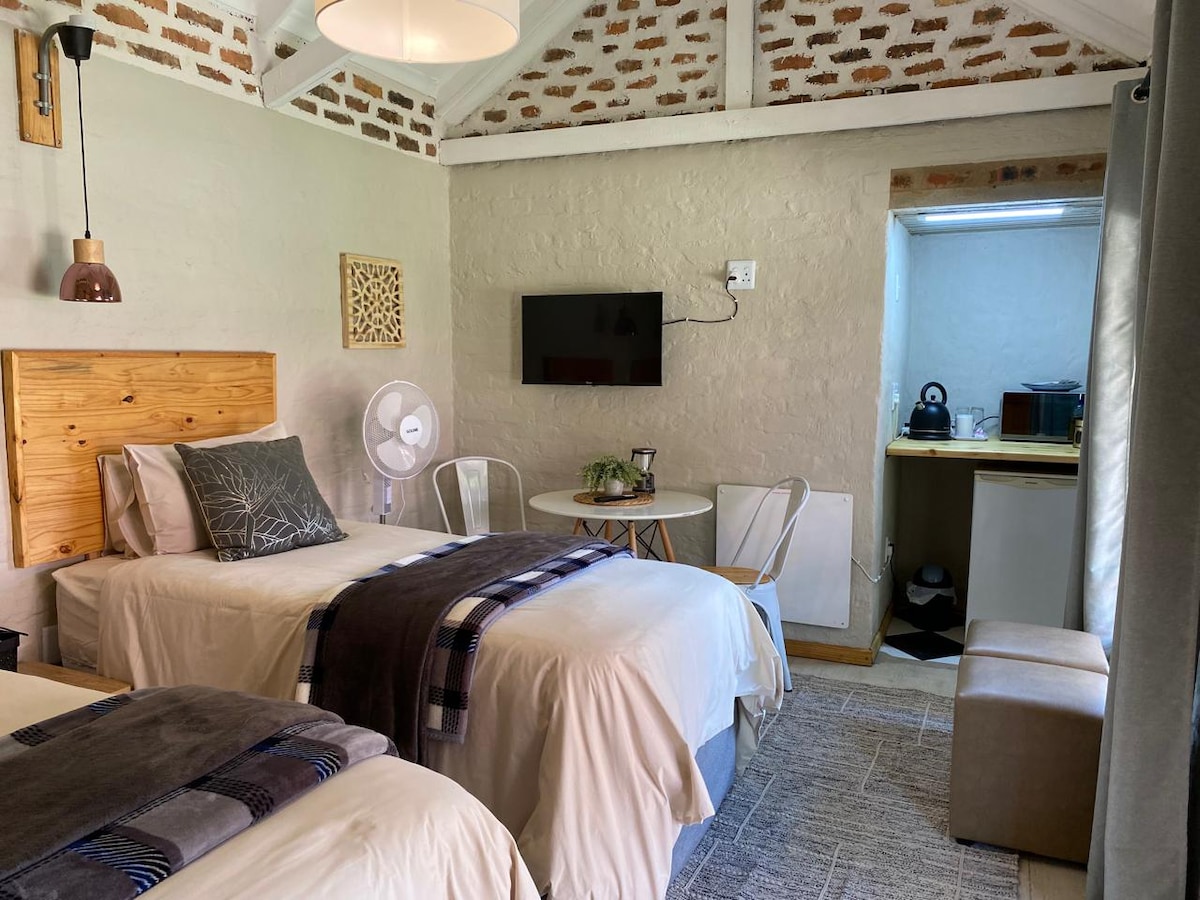 The room features two twin beds dressed in soft linens, positioned beside a small dining table with chairs. A wall-mounted television is visible, and a kitchenette area with a counter and coffee-making facilities can be seen in the background. Natural light filters through the room.