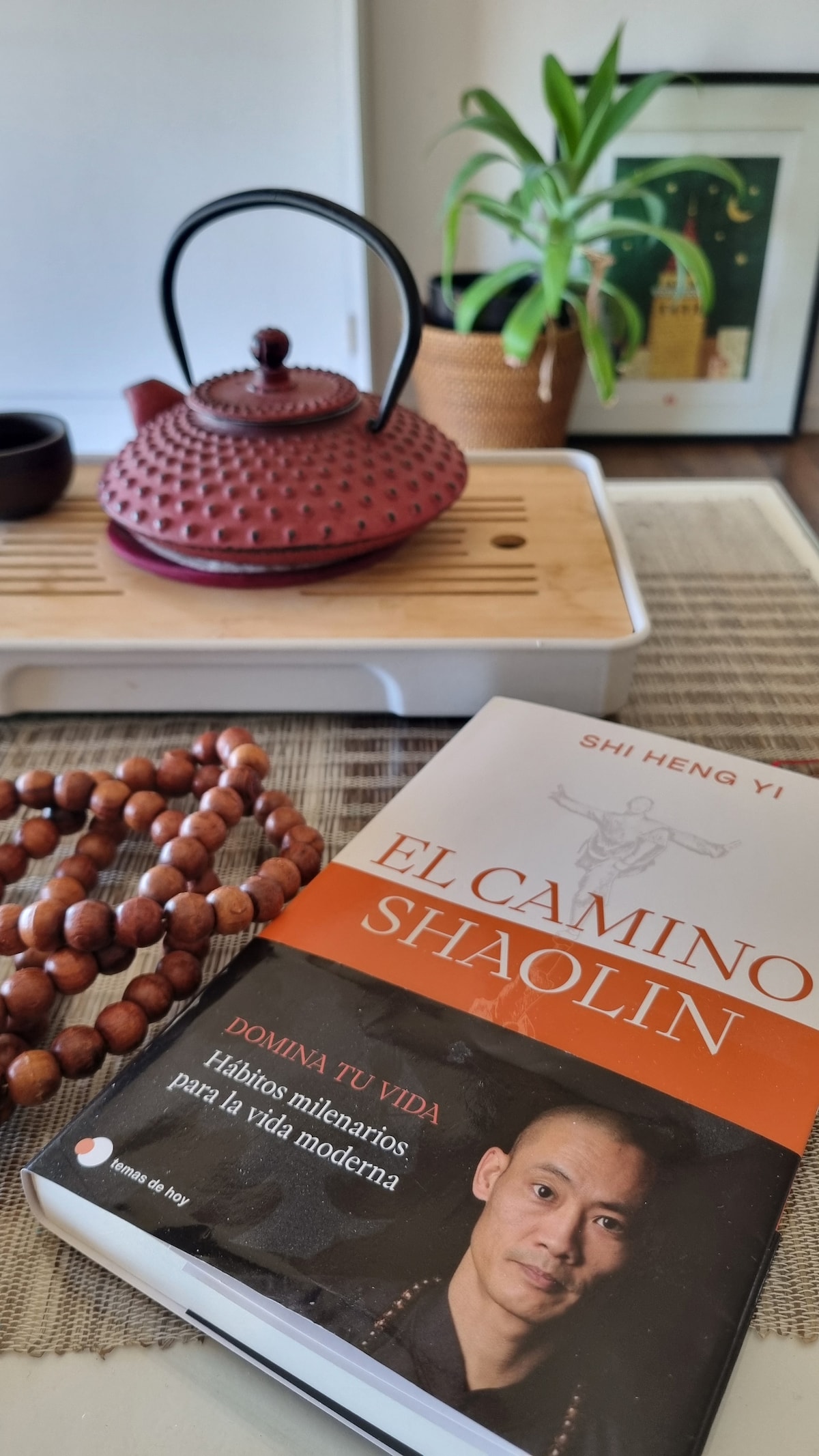 A wooden tray holds a red teapot and a book titled 'El Camino Shaolin.' A beaded necklace is placed nearby. The background features a simple framed artwork, enhancing a calm and serene setting.