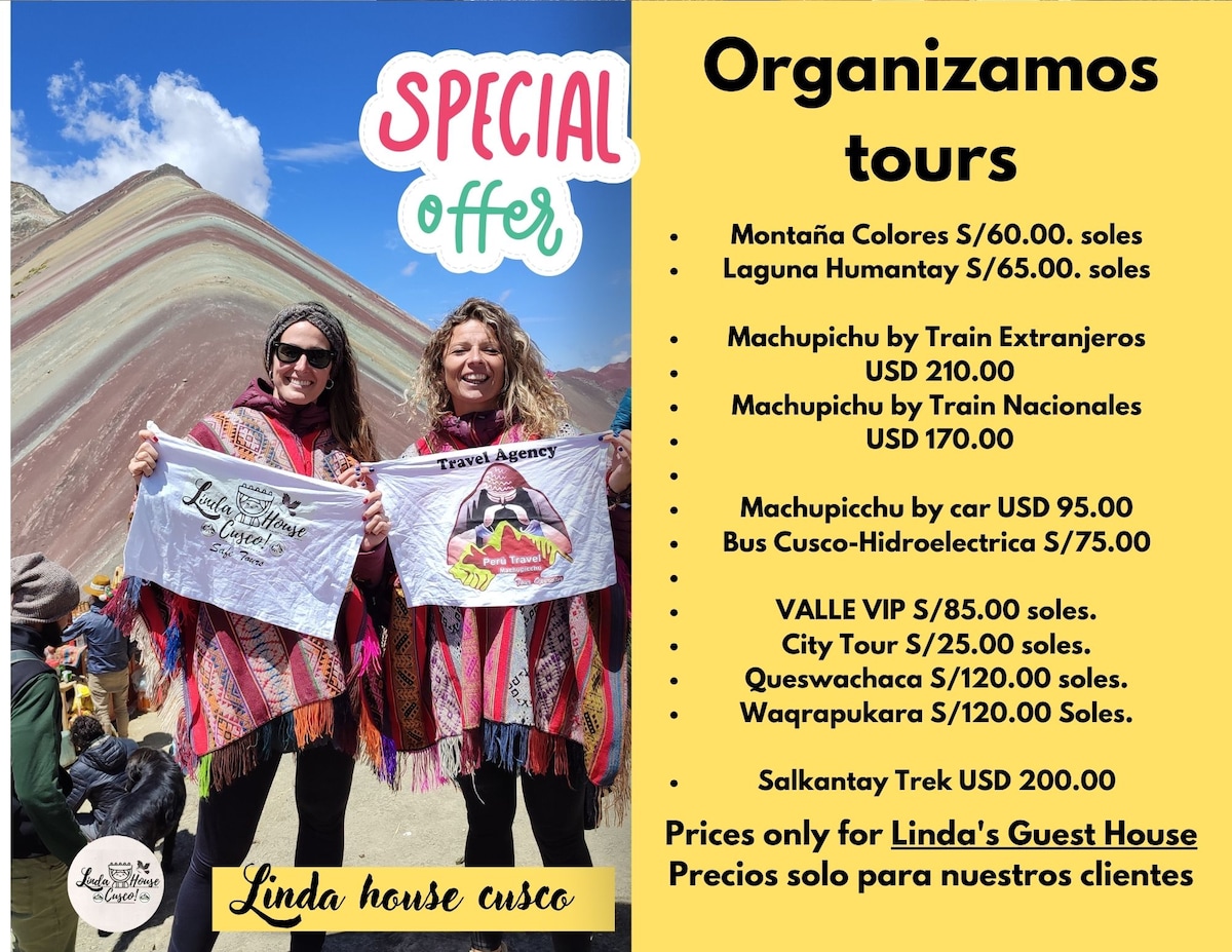 A promotional image features individuals holding colorful banners in a scenic outdoor setting. The backdrop displays mountains, conveying the region's natural beauty. Text highlights special tour offers, showcasing activities such as Montaña de Colores and Machupicchu, with pricing clearly outlined.