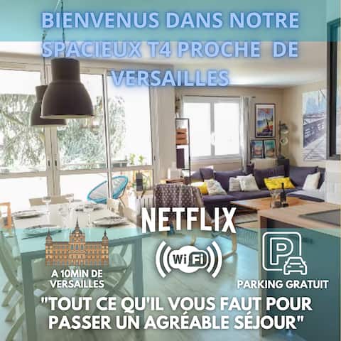 Large 4 bedr flat Wi-Fi/balcony, 10mn Versailles