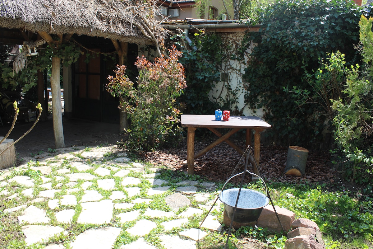 A tranquil outdoor space features a stone pathway leading to a wooden table set with two mugs. Surrounding greenery includes shrubs and climbing plants, with a fire pit visible on the ground. A thatched roof structure adds to the rustic charm.