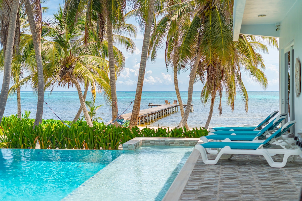 A private pool glistens under the sun, surrounded by lounge chairs and tropical palm trees. In the distance, a wooden pier extends into the clear blue water, inviting relaxation and exploration amidst serene beachfront scenery.