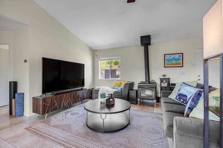 Living area with wood-burning stove
