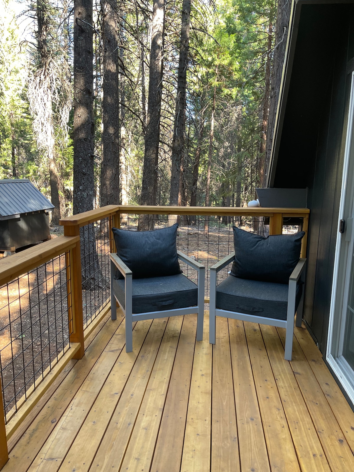 A wooden deck is shown with two modern gray chairs positioned for relaxation. The surrounding trees are tall and provide a natural canopy, creating a sense of seclusion in the forested area.