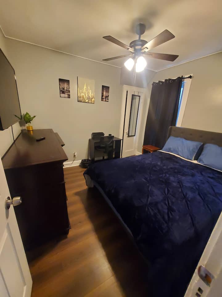 Located on first floor, Queen-size bed, dresser, and closet