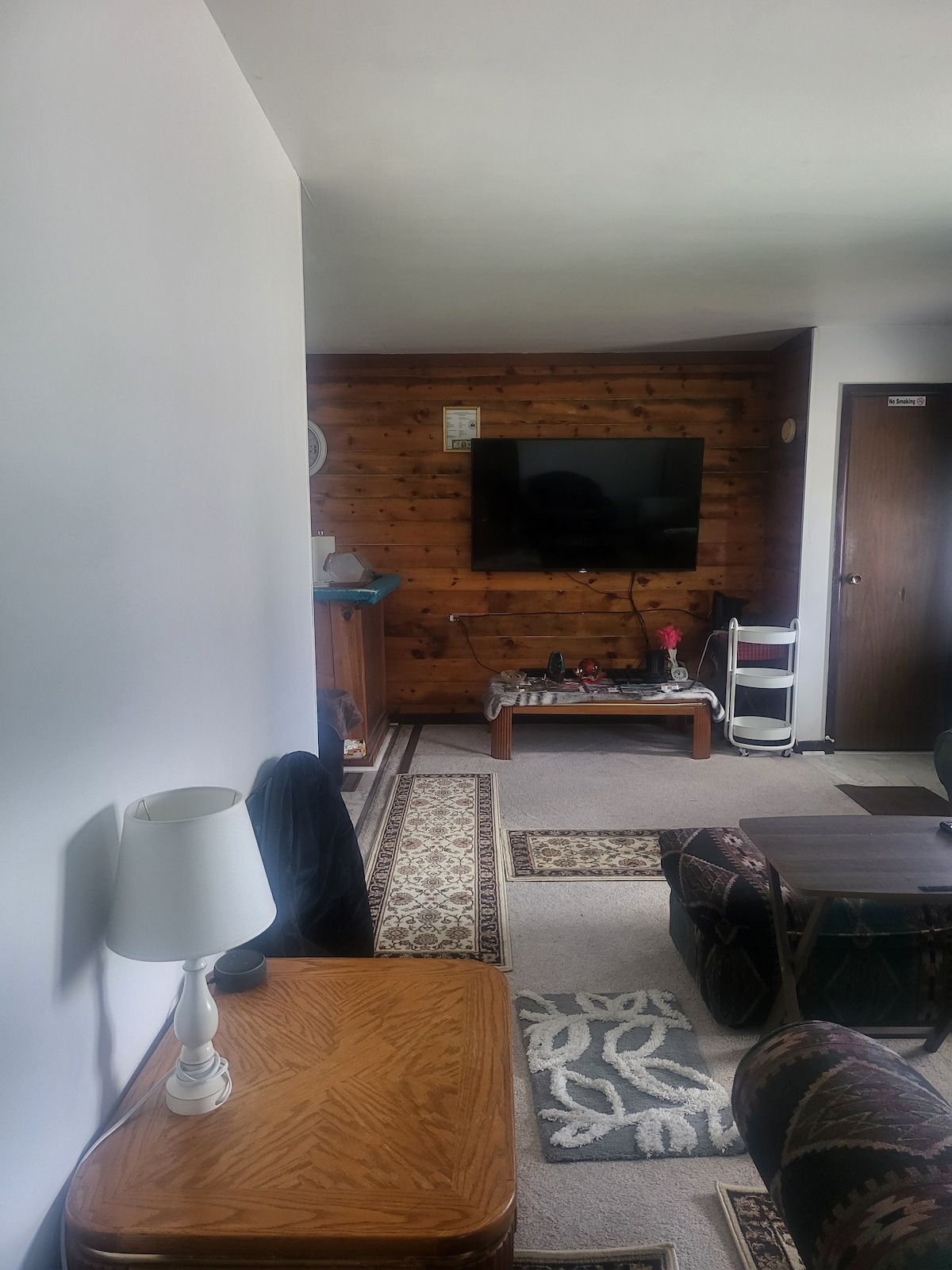 A comfortable living area features a wooden accent wall, contrasting with light-colored walls. A television is mounted above a low coffee table, surrounded by armchairs and a side lamp. Decorative rugs are laid across the carpeted floor, adding texture to the space.