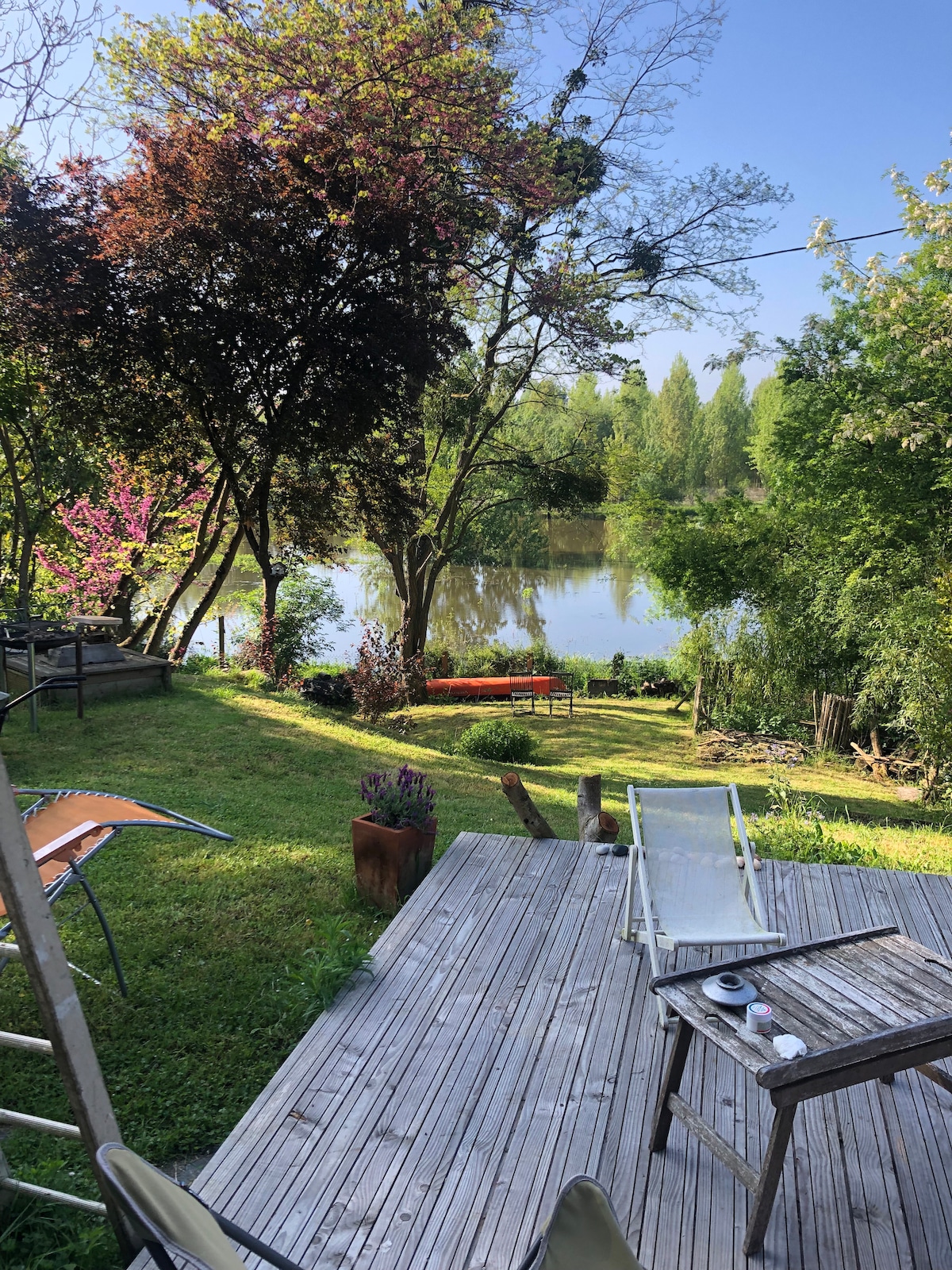 A peaceful outdoor area features a wooden deck overlooking a calm river. Lush greenery and flowering trees surround the scene, providing a natural backdrop. Various seating options, including lounge chairs, are arranged for relaxation while enjoying the view.