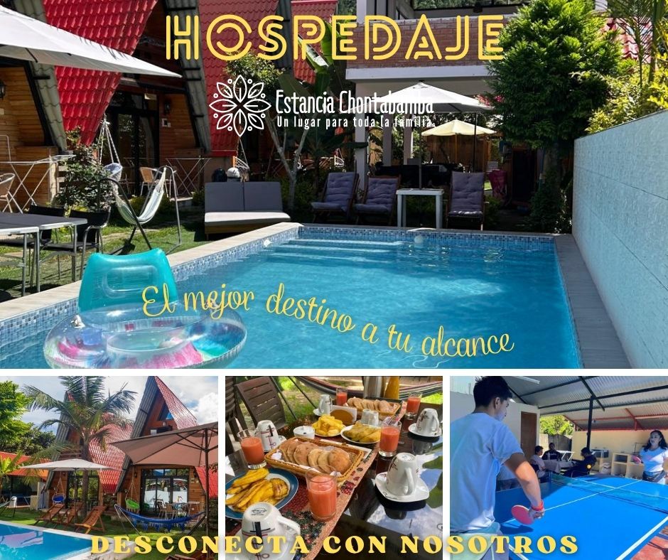 A refreshing pool is seen surrounded by vibrant greenery. Comfortable seating areas and tables for dining are presented, displaying a variety of breakfast items. Game tables are set up in an outdoor space, inviting leisure activities. The hospitable environment is enhanced by sunny skies.