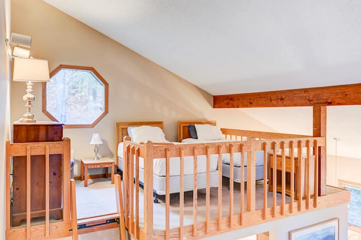 Lofted twin beds with a view—perfect for kids, cousins, or late-night giggles!