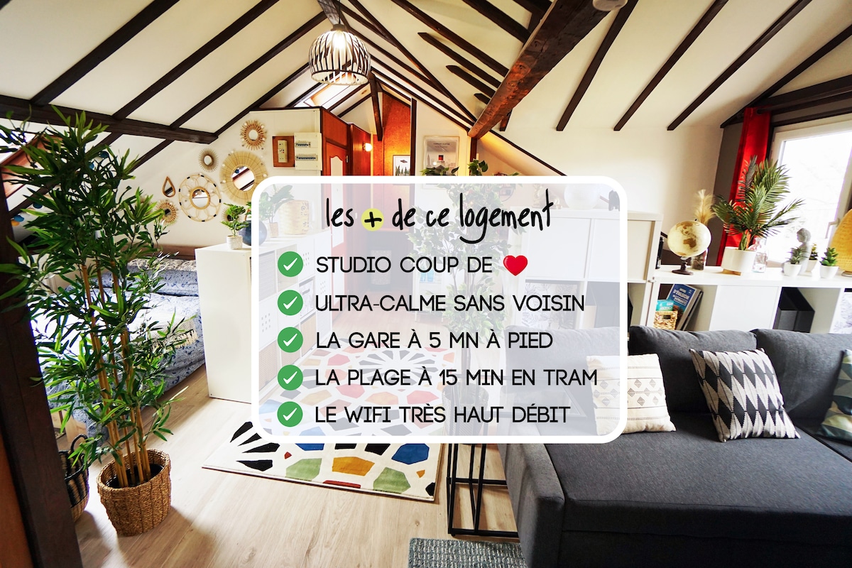 The image depicts a cozy studio with a sloped ceiling supported by wooden beams. A comfortable sofa is positioned near a window, surrounded by decorative plants and bright furnishings. A small table can be seen against the wall, contributing to the inviting layout of the room.