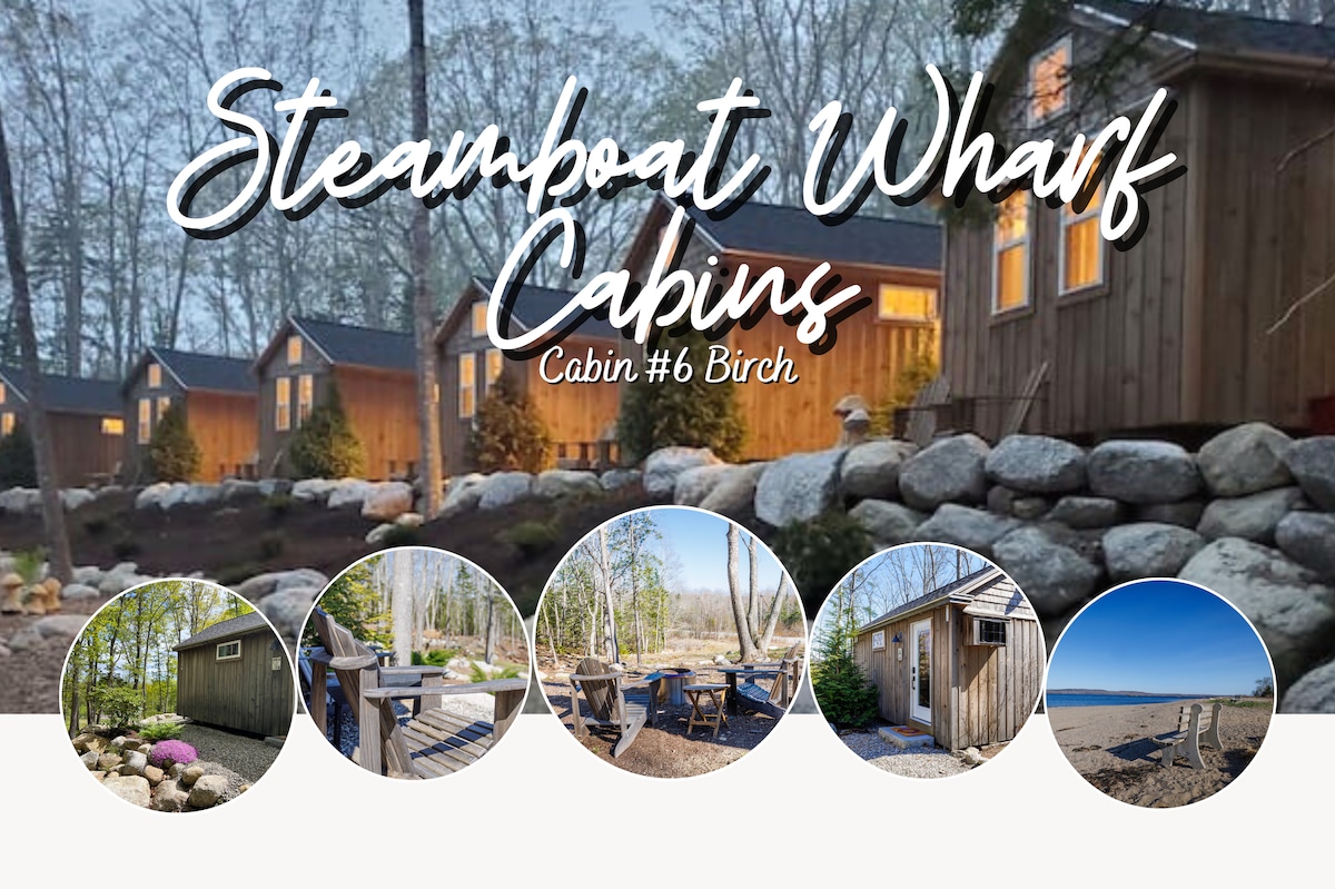 A serene cluster of tiny-house cabins is nestled among trees, with warm wood exteriors illuminated by soft evening light. Smooth stones outline a walking path, and Adirondack chairs are positioned invitingly near a fire pit, surrounded by natural beauty.
