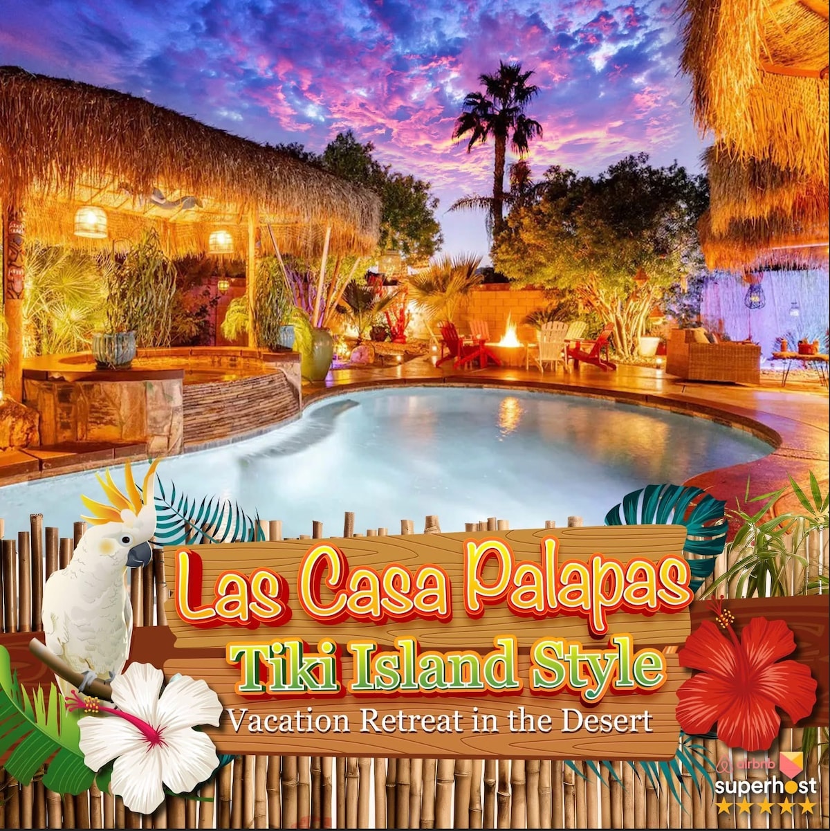 An inviting backyard is showcased with a clear saltwater pool surrounded by tropical landscaping. Colorful lounge chairs and palapas provide ample seating, enhanced by vibrant sunset skies. Decorative elements such as tropical flowers and a parrot add charm to the serene atmosphere.