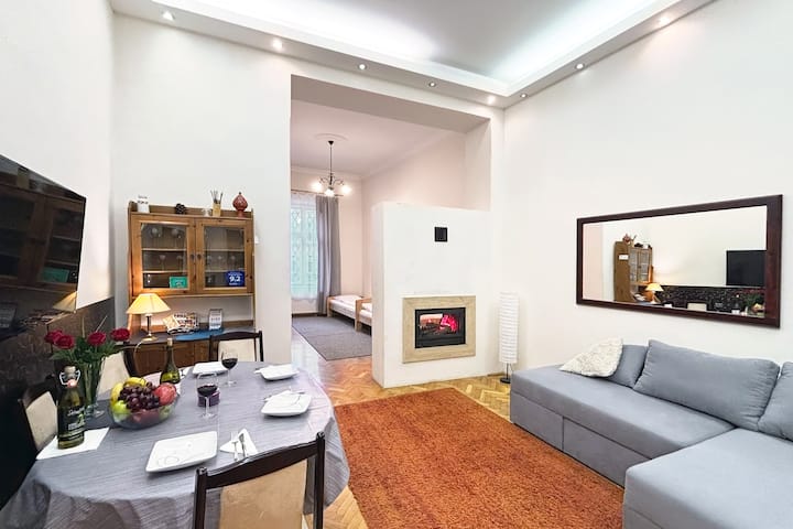 Welcome to Budapest! Here is our leaving room and real wood fireplace.