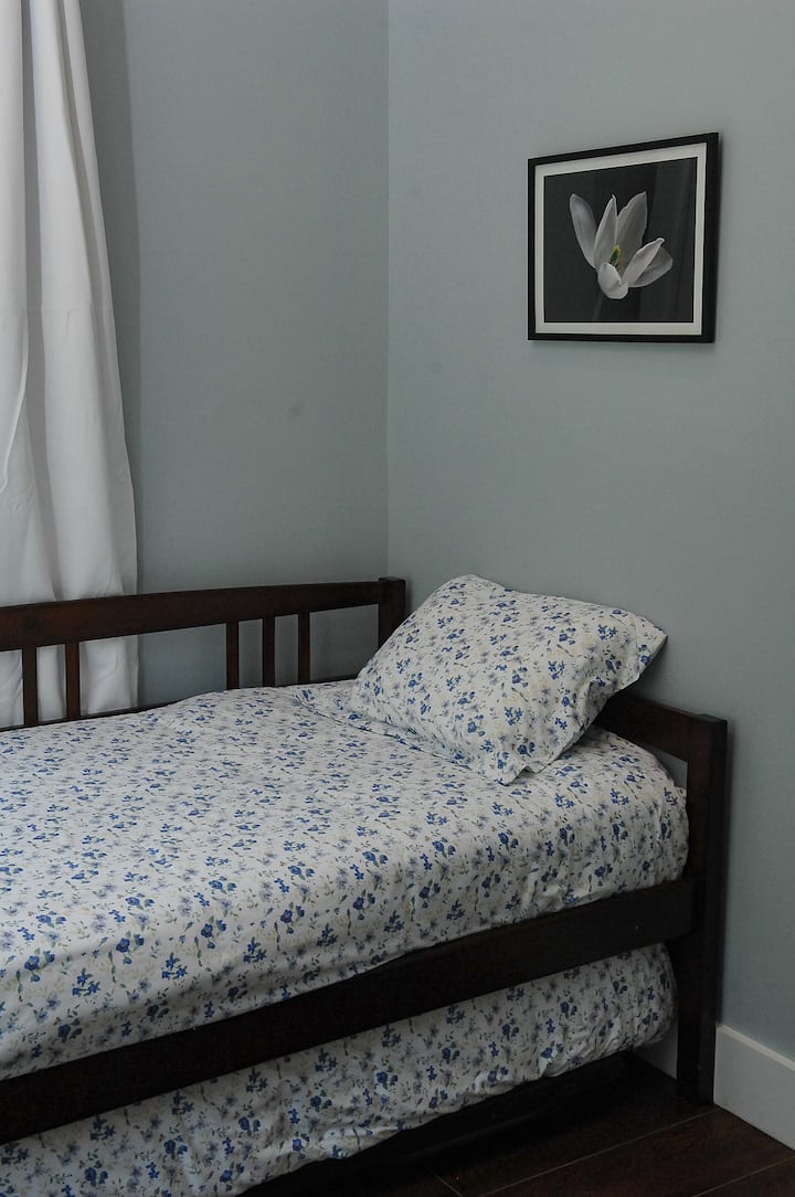 Bedroom #3, the first-floor bedroom, equipped with a twin bed and a trundle, is wheelchair accessible. It is adjacent to a full bathroom featuring a walk-in shower and safety grab bars.