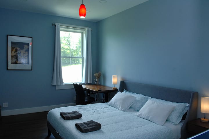 Bedroom #4, has a queen bed, desk, and television.