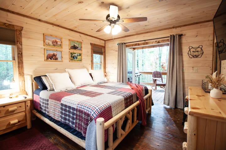 The main level master bedroom has direct access to the main level deck. This room also has an amazingly comfy king bed and 65" TV.