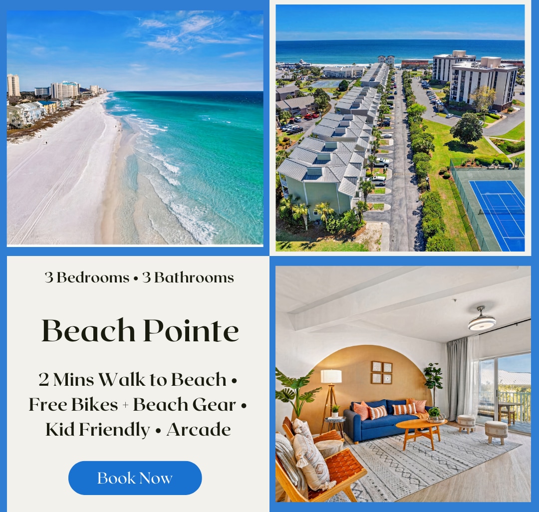 An aerial view captures the emerald waters and sandy beach, just a short walk from the townhome. The vibrant green landscape and community layout are visible, with tennis courts in the foreground and the coastline stretching into the horizon. The inviting living area features a comfortable sofa and bohemian decor.