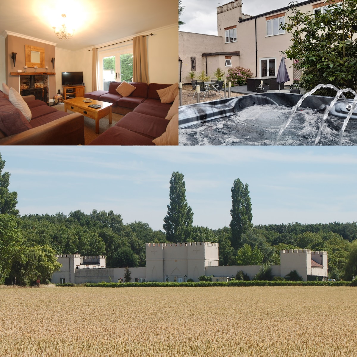 The living room features a corner sofa arrangement and a coffee table, with a television positioned nearby. A hot tub is visible outdoors, surrounded by a private courtyard. A distant view captures the Grade II listed cottage with a castellated roof, nestled among surrounding farmland and trees.