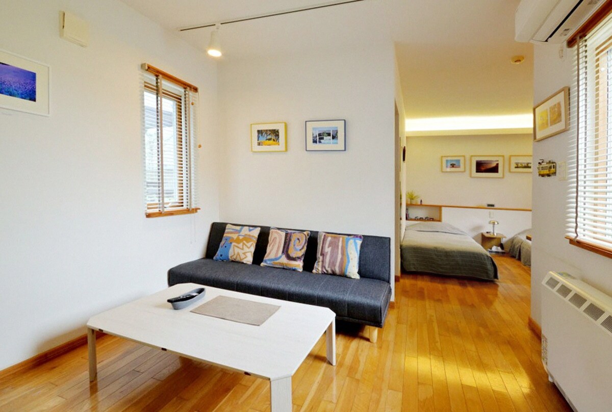 ห้องนั่งเล่นและห้องนอนห้องนั่งเล่นด้านหน้ามีโซฟาเบดและโต๊ะ