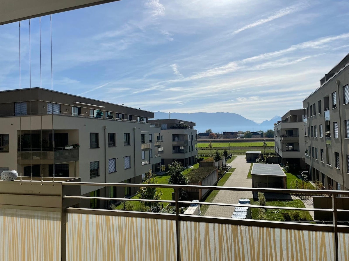 A view from the balcony showcases the surrounding residential area, featuring modern buildings and manicured green spaces. The horizon reveals distant mountains under a clear blue sky, with scattered clouds providing a serene backdrop.