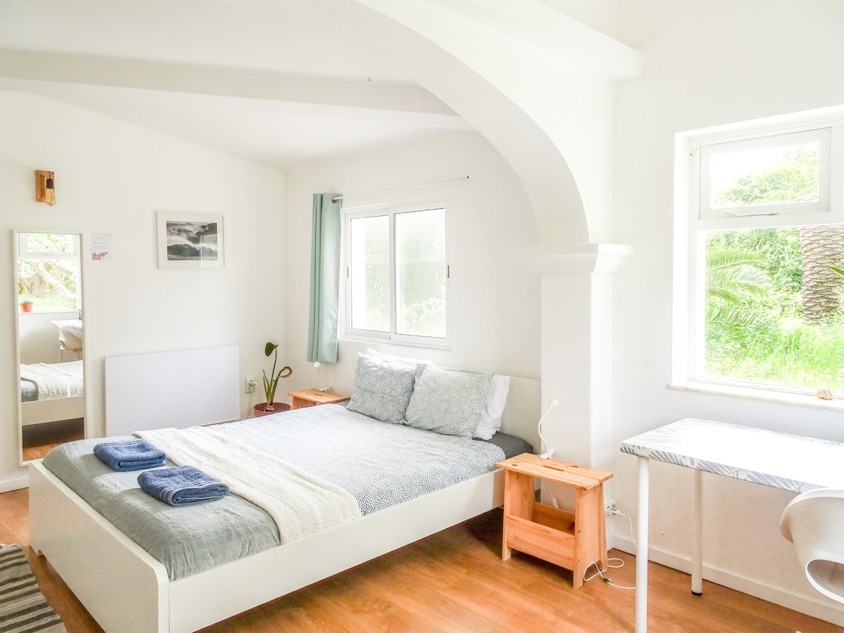 Chumba angavu, chenye nafasi kubwa chenye kitanda cha kifahari na madirisha makubwa ambayo yanajaza sehemu hiyo mwanga wa asili na mandhari ya bustani. Inajumuisha dawati la kazi, kioo kirefu, matandiko safi na taulo.