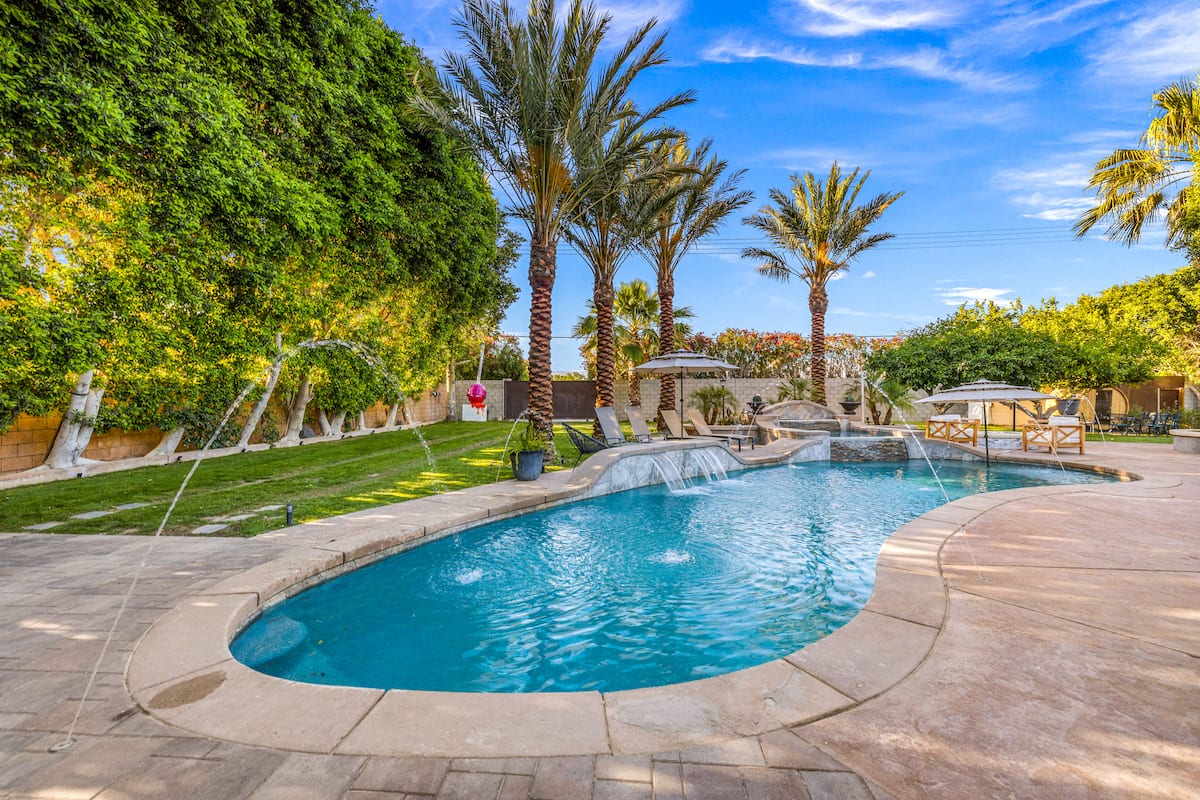 The pool and sun deck by day, ringed by palms