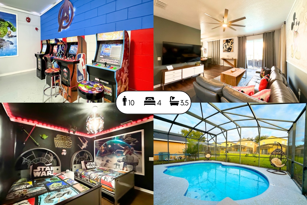 The image showcases a vibrant game room featuring multiple arcade machines against a blue wall, inviting fun experiences. A cozy living room is presented with comfortable seating, a coffee table, and natural light coming through large windows. A private pool area is visible with a screened enclosure, enhancing outdoor enjoyment.