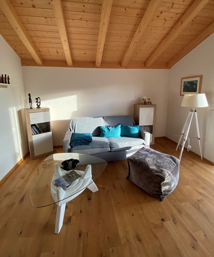 Მისაღები ოთახი მყუდრო ტახტით, რომელიც საჭიროებისამებრ შეიძლება გადაკეთდეს კომფორტულ ორადგილიან საწოლად.