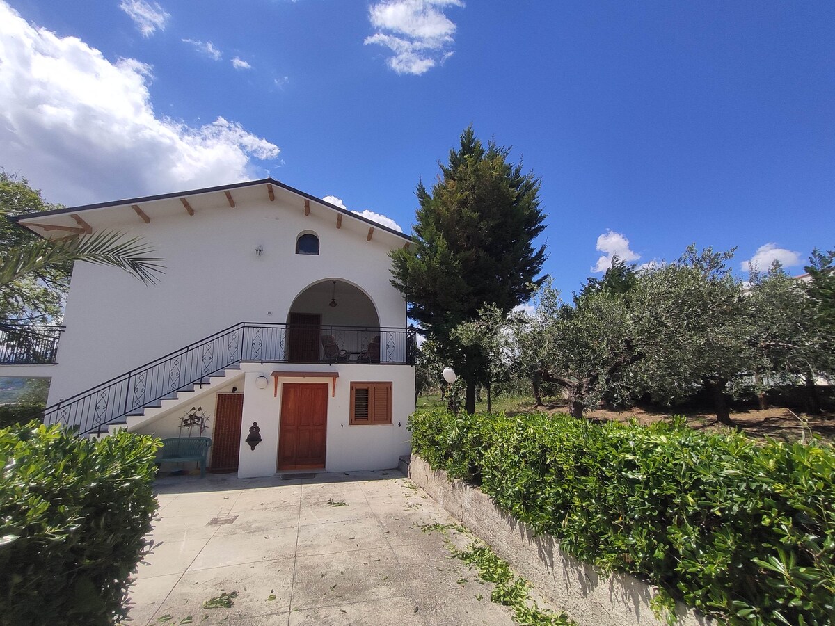 A two-story villa is shown with a white exterior, featuring a brown wooden door and an arched window above it. Surrounded by greenery, the space includes a paved area and is complemented by olive trees in the background under a clear blue sky.