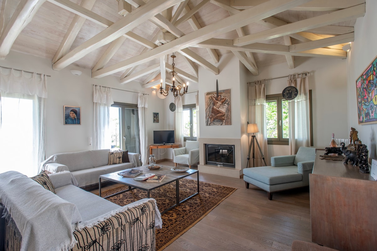 A spacious living area features a high, wooden-beamed ceiling and large windows allowing natural light. Comfortable seating arrangements include a sofa and armchairs surrounding a coffee table. Artwork, including paintings, decorates the walls, complemented by a fireplace adding warmth to the space.