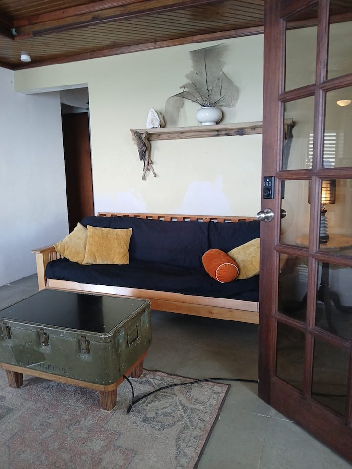 obývacia izba s gaučom futon sa otvára do plnej postele.  Televízor je v konferenčnom stolíku!