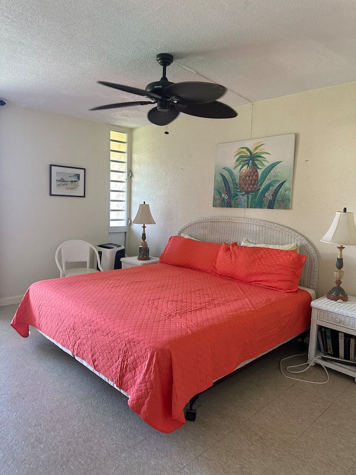 Dhomë gjumi bregdetare me krevat dopio "king" dhe banjë private të kompletuar. 
Njësia e ajrit të kondicionuar dhe ventilatori.
Hyrje në ballkon, dollap dhe dollap.