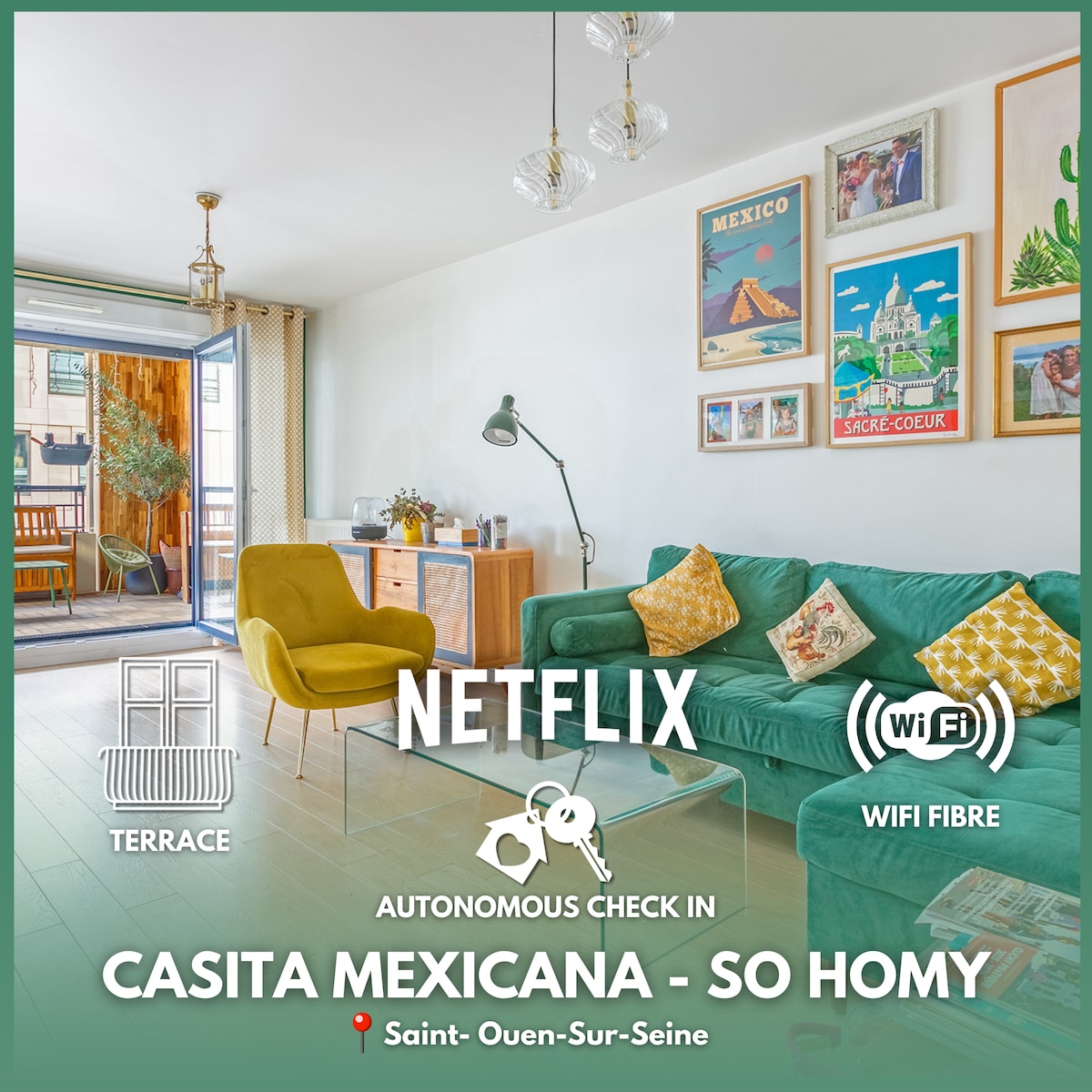 A cozy living area features a green armchair, a spacious sofa, and a coffee table. Decorated with colorful artwork and a vibrant Mexican theme, natural light floods the space. A door leads to a terrace, enhancing the connection to the outdoors.