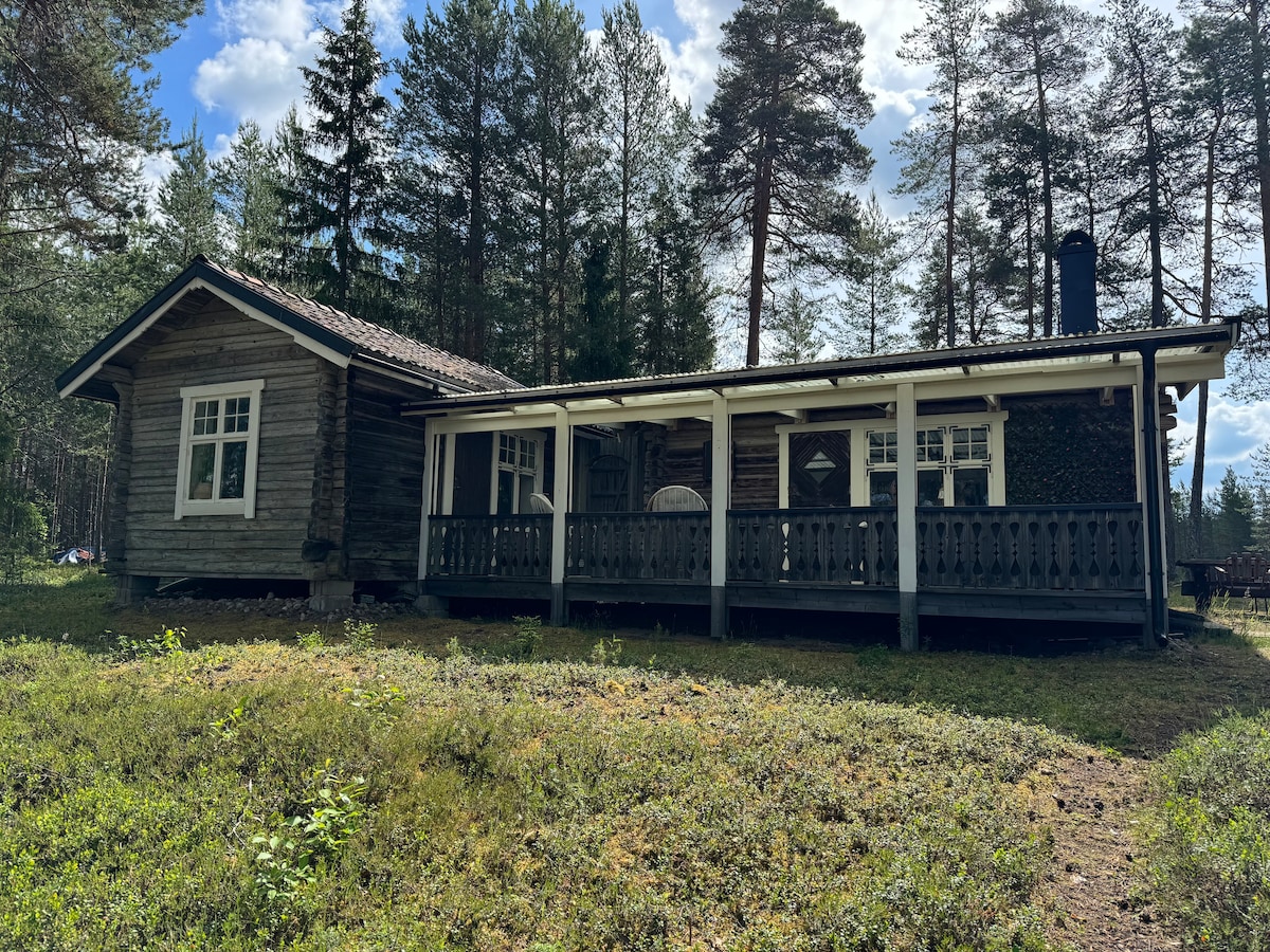 A rustic wooden cabin is surrounded by tall trees and natural greenery. The structure features two sections connected by a spacious covered porch adorned with a railing. Large windows allow light to fill the interior, while a chimney is visible on the roof.