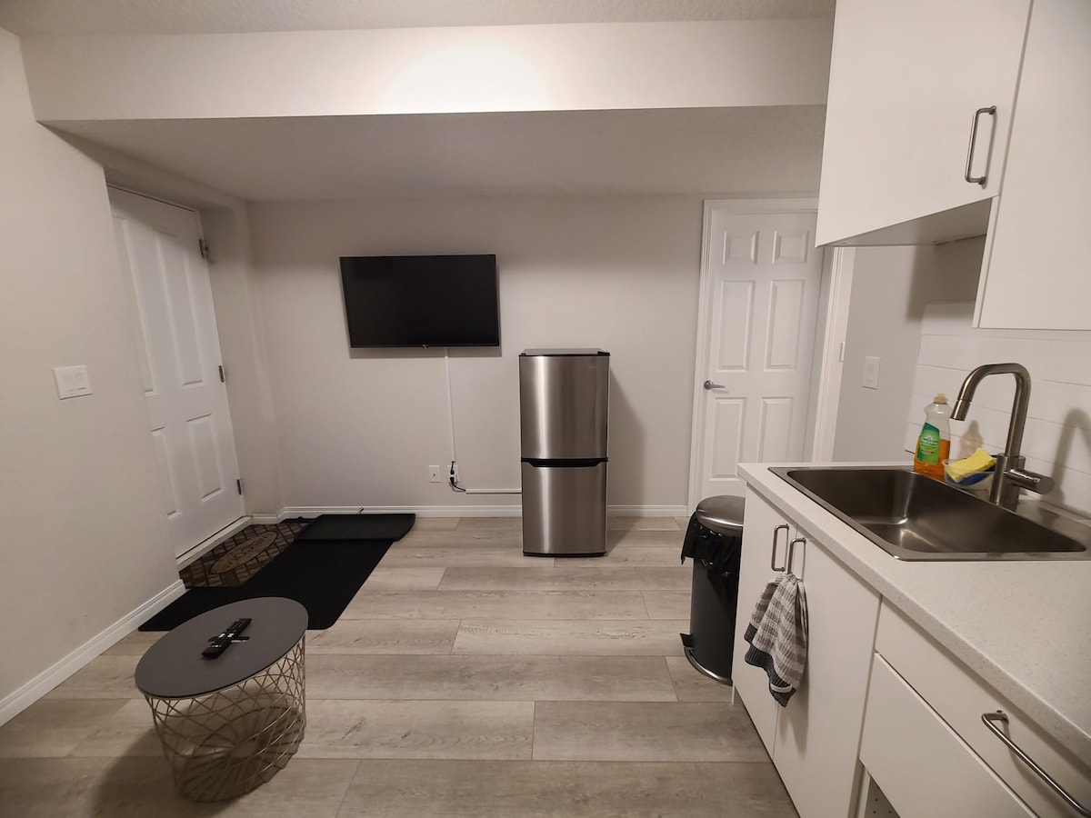 A modern basement unit displays a simple layout featuring light-colored wooden flooring. A sleek refrigerator stands next to a small coffee table with a circular metal design. A television is mounted on the wall, while a clean, functional kitchenette is partially visible.