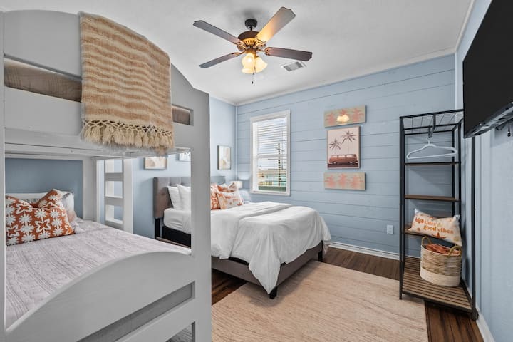 Twin Bunk beds and one Full bed.