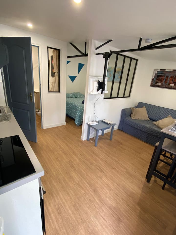 Living space with the living room in the front row as well as the kitchen then a sleeping area with a glass roof next door .