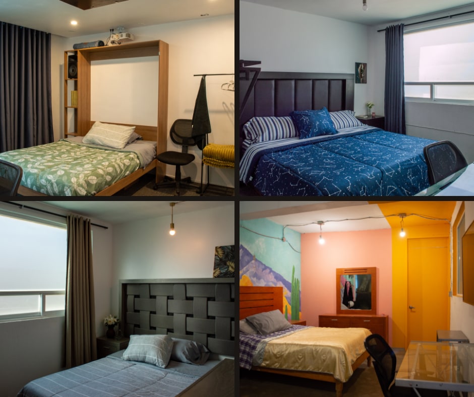 The image displays four distinct sleeping areas within the accommodation. Each room features a bed, various bedding styles, and windows allowing natural light. Soft furnishings like cushions and curtains enhance comfort. The spaces are decorated in a range of colors and designs, highlighting their unique character.