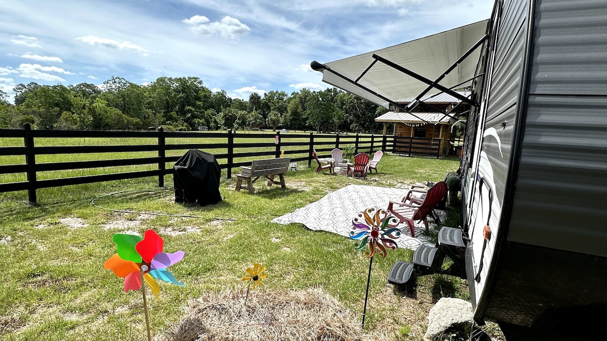 An outdoor area beside the travel trailer features a picnic area with colorful adirondack chairs and a large outdoor rug. A charcoal grill is positioned nearby, and playful wind spinners add a touch of color to the grassy landscape, with a wooden fence enclosing the property.