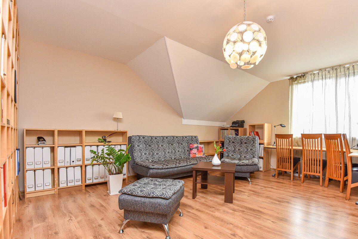 A spacious living area is characterized by two comfortable sofas and a low coffee table. Natural light filters through a large window dressed in sheer curtains. A modern pendant light overhead illuminates the room, while shelves with neatly organized storage boxes enhance the decor.